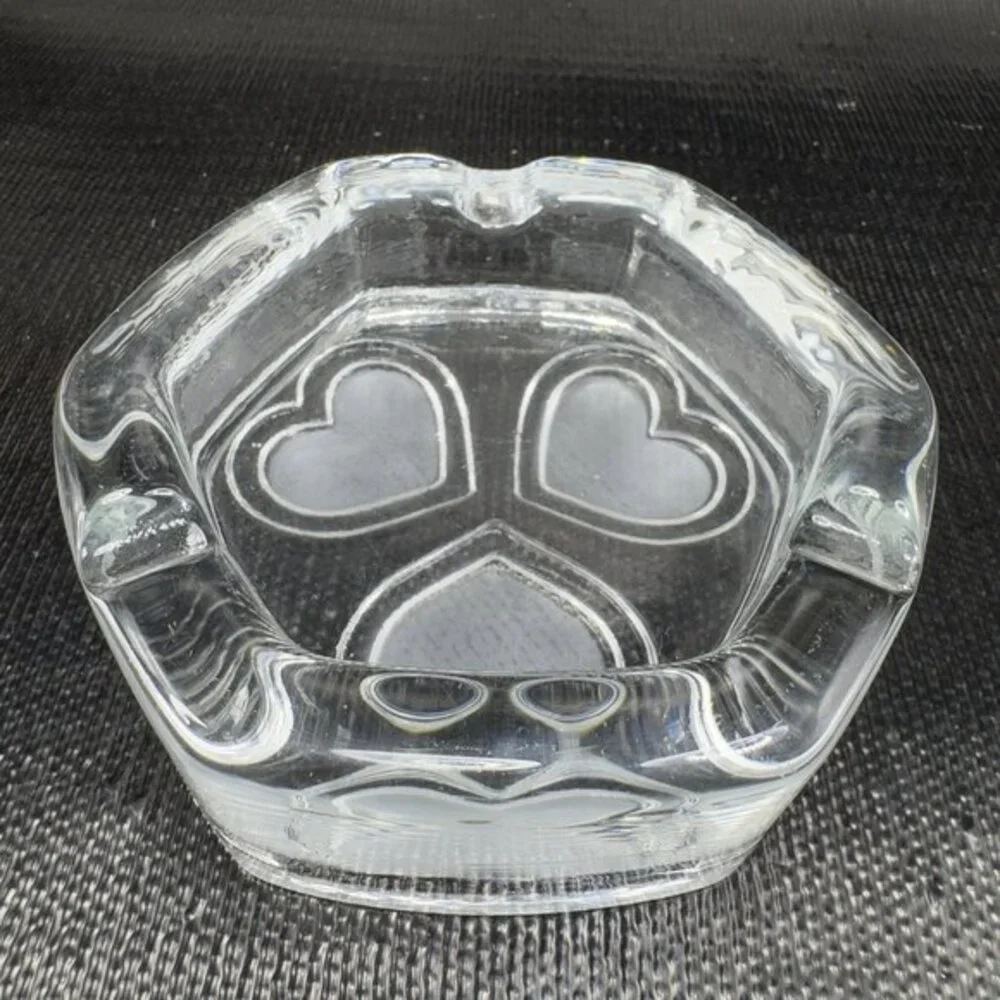 Vintage Scandinavian Clear Glass Dish Bowl Ashtray With Frosted Satin Hearts VTG